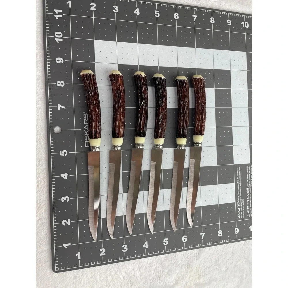 Vintage Set of 6 Faux Stag Handle Steak Knives Rustic Cabin Style Stainless
